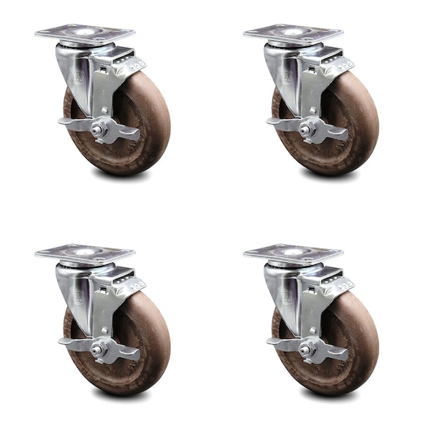 5 Inch High Temp Glass Filled Nylon Wheel Swivel Top Plate Caster Set with Brake